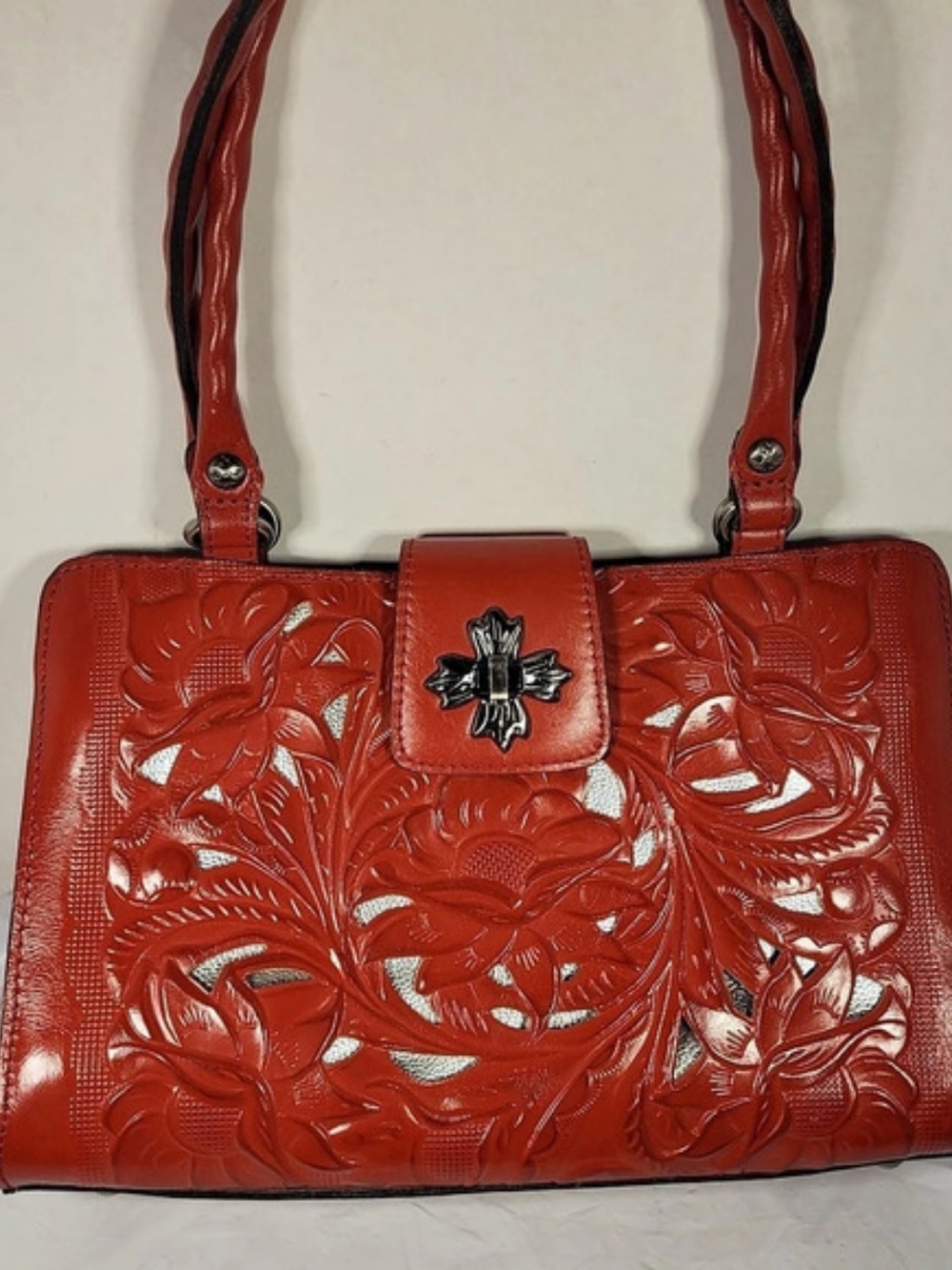 Patricia Nash P908353 Rosina Tooled Leather Satchel Purse Papaya Red